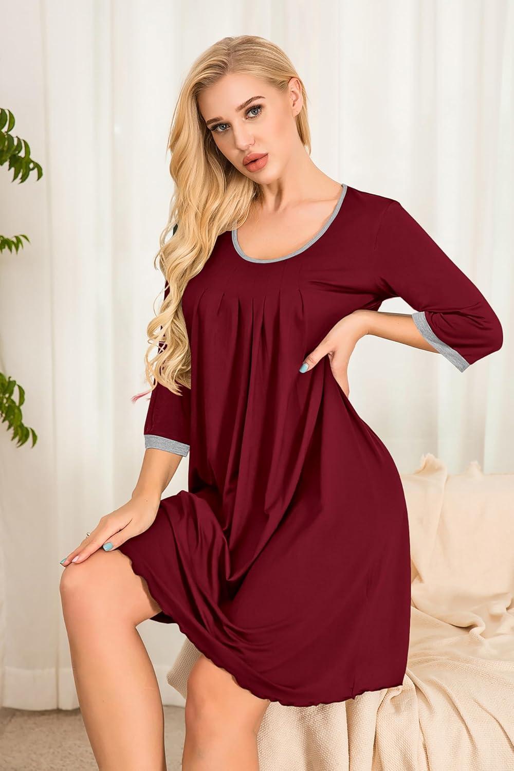 imageEkouaer Womens Pleated Nightgown Soft Sleep Shirt 34 Sleeve Pajama Dress Scoopneck Sleep Tee Nightshirt Sleepwear S3XLWine Red