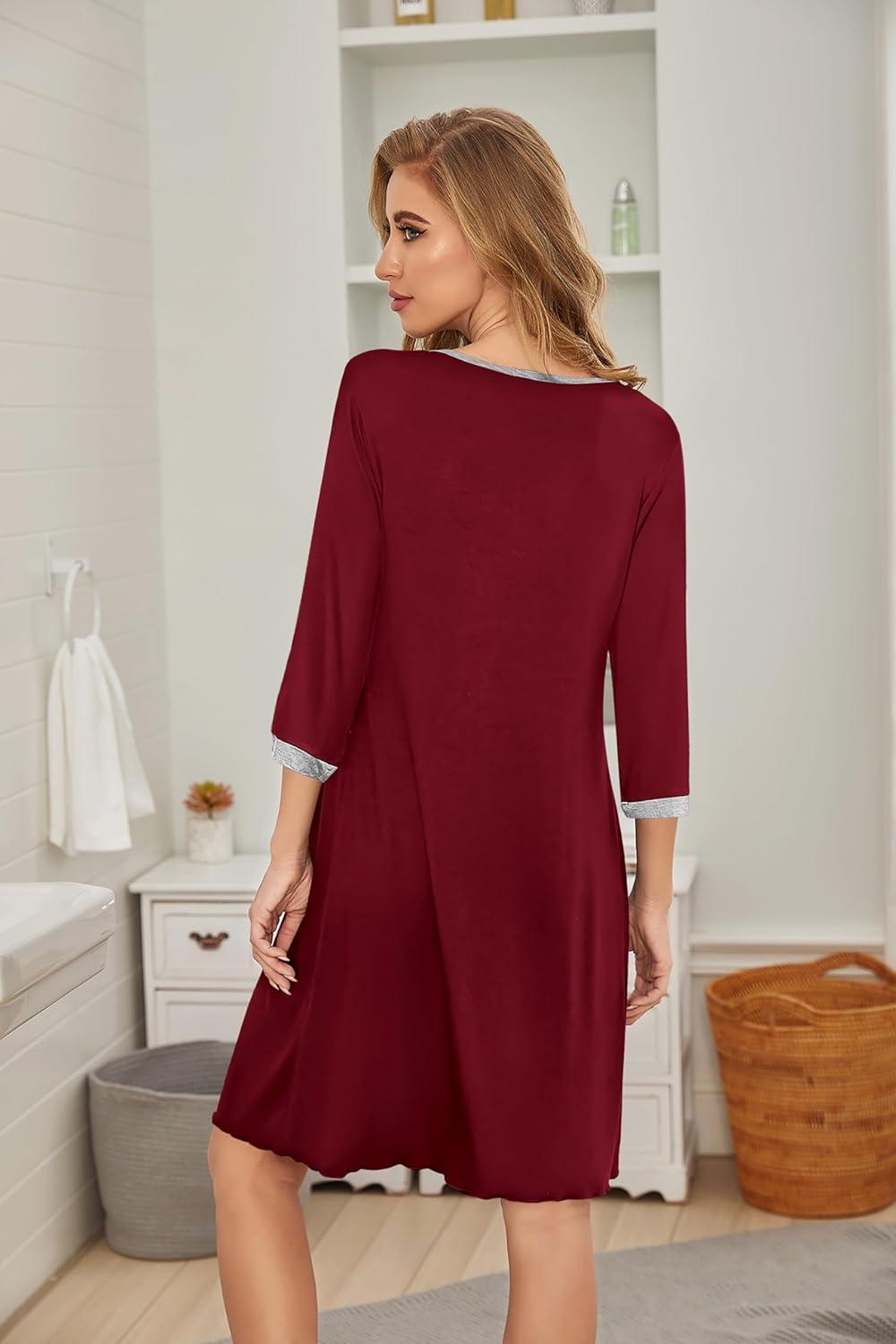 imageEkouaer Womens Pleated Nightgown Soft Sleep Shirt 34 Sleeve Pajama Dress Scoopneck Sleep Tee Nightshirt Sleepwear S3XLWine Red