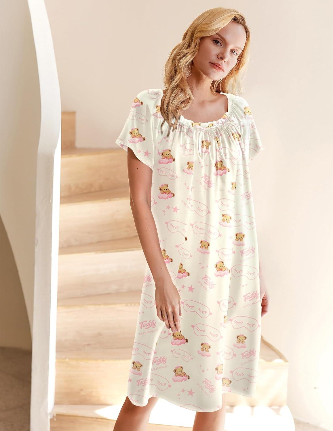 imageEkouaer Womens Satin Silk Pleated Nightgown Loose Sleepwear Printed Nightshirt Short Sleeve Sleep DressChampagne Teddy