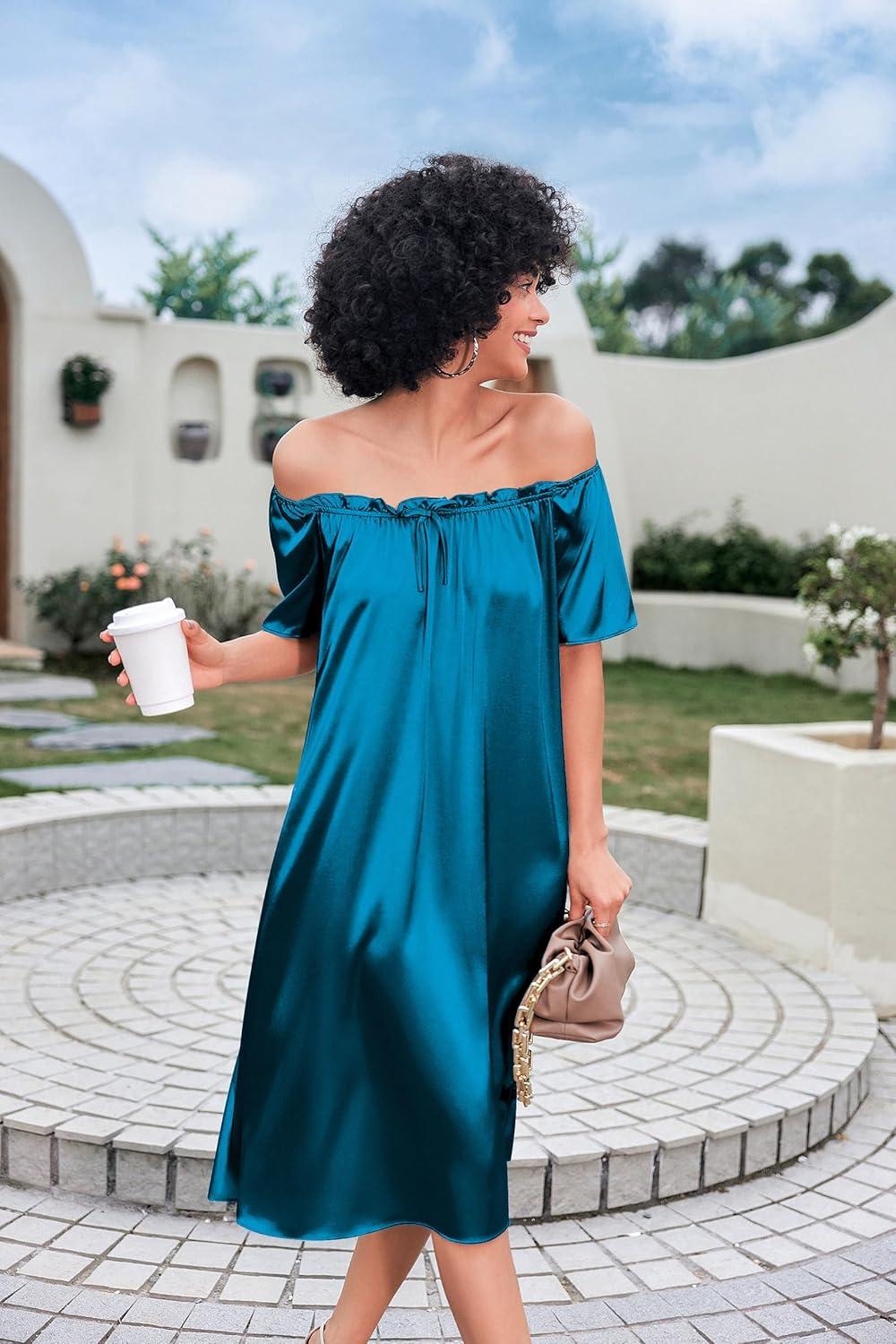 imageEkouaer Womens Satin Silk Pleated Nightgown Loose Sleepwear Printed Nightshirt Short Sleeve Sleep DressDeep Blue