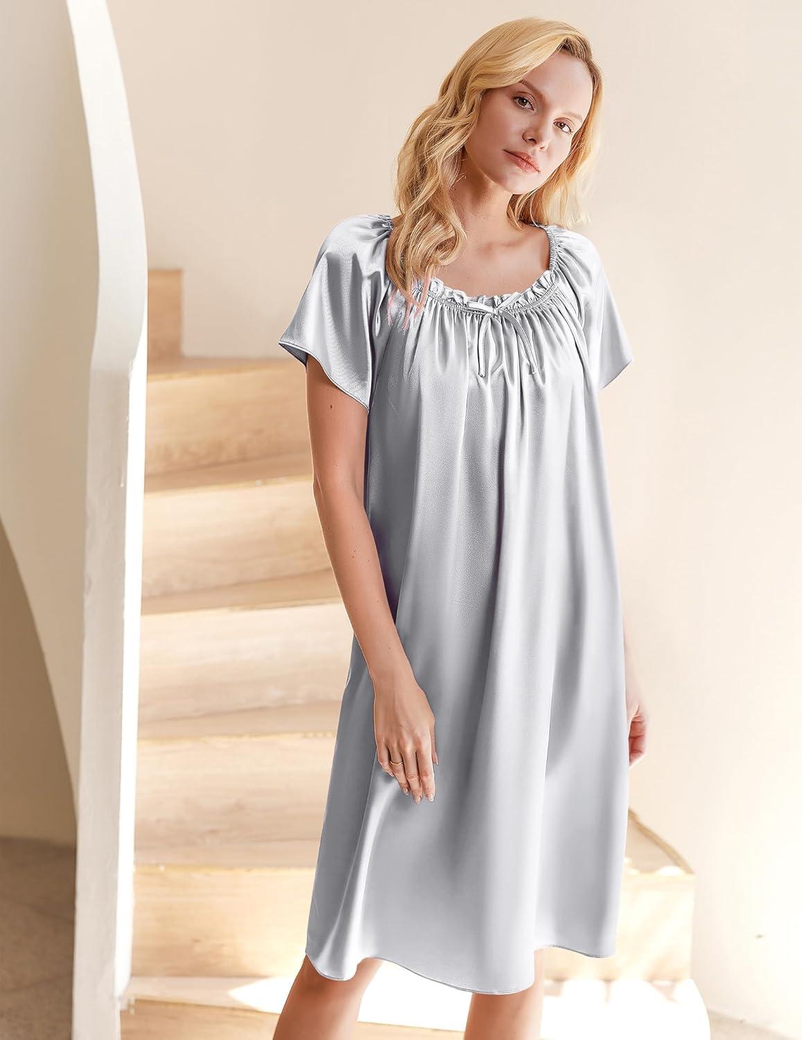 imageEkouaer Womens Satin Silk Pleated Nightgown Loose Sleepwear Printed Nightshirt Short Sleeve Sleep DressLight Grey
