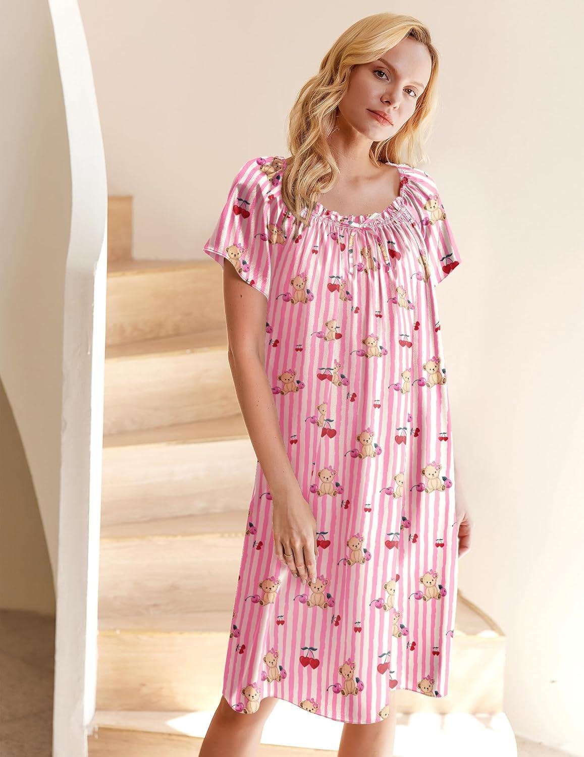 imageEkouaer Womens Satin Silk Pleated Nightgown Loose Sleepwear Printed Nightshirt Short Sleeve Sleep DressPink Teddy