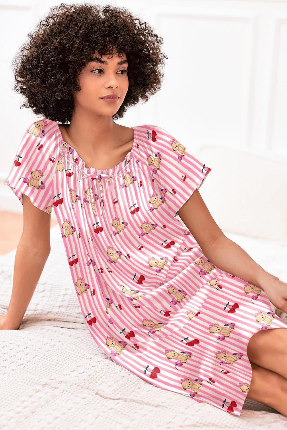 imageEkouaer Womens Satin Silk Pleated Nightgown Loose Sleepwear Printed Nightshirt Short Sleeve Sleep DressPink Teddy