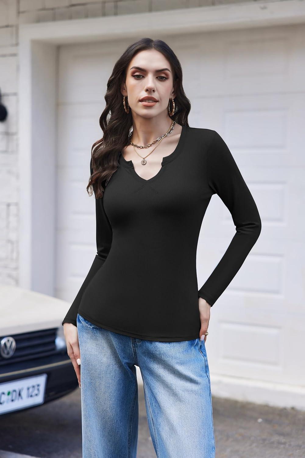 imageEkouaer Womens Thermal Long Sleeve Shirts VNeck Slim Fit Basic Going Out Ribbed Y2K TopsBlack