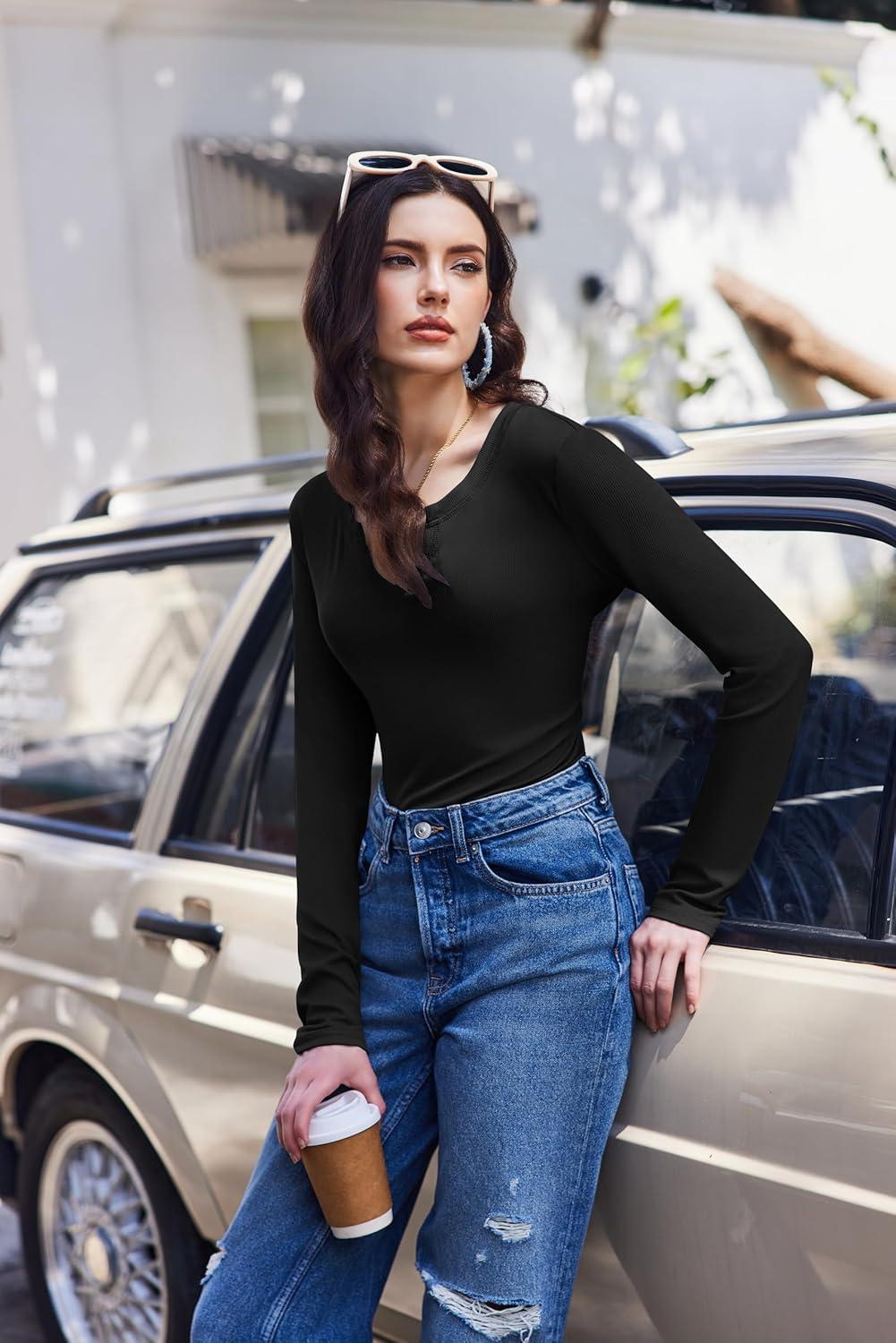 imageEkouaer Womens Thermal Long Sleeve Shirts VNeck Slim Fit Basic Going Out Ribbed Y2K TopsBlack