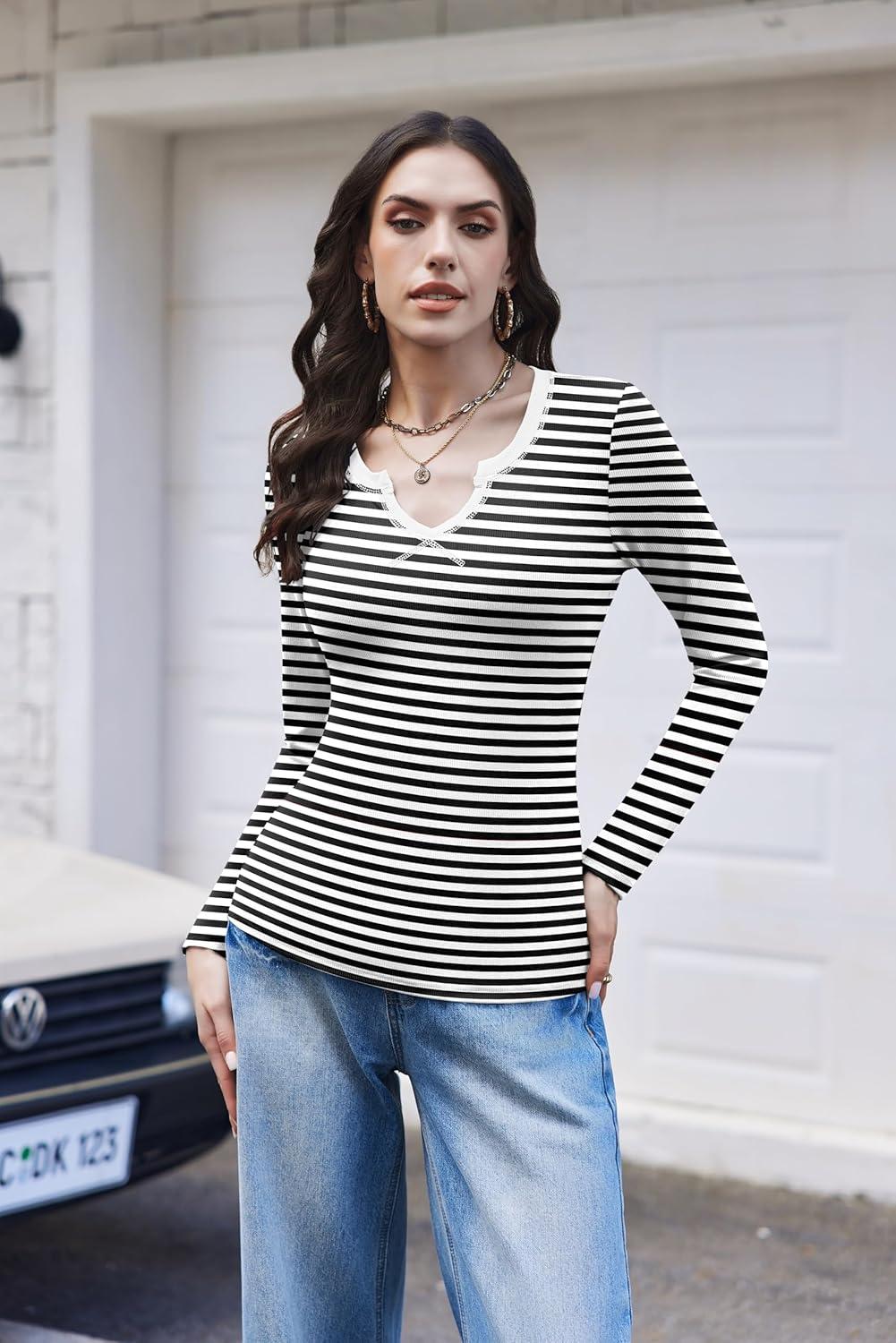 imageEkouaer Womens Thermal Long Sleeve Shirts VNeck Slim Fit Basic Going Out Ribbed Y2K TopsBlack White Stripe