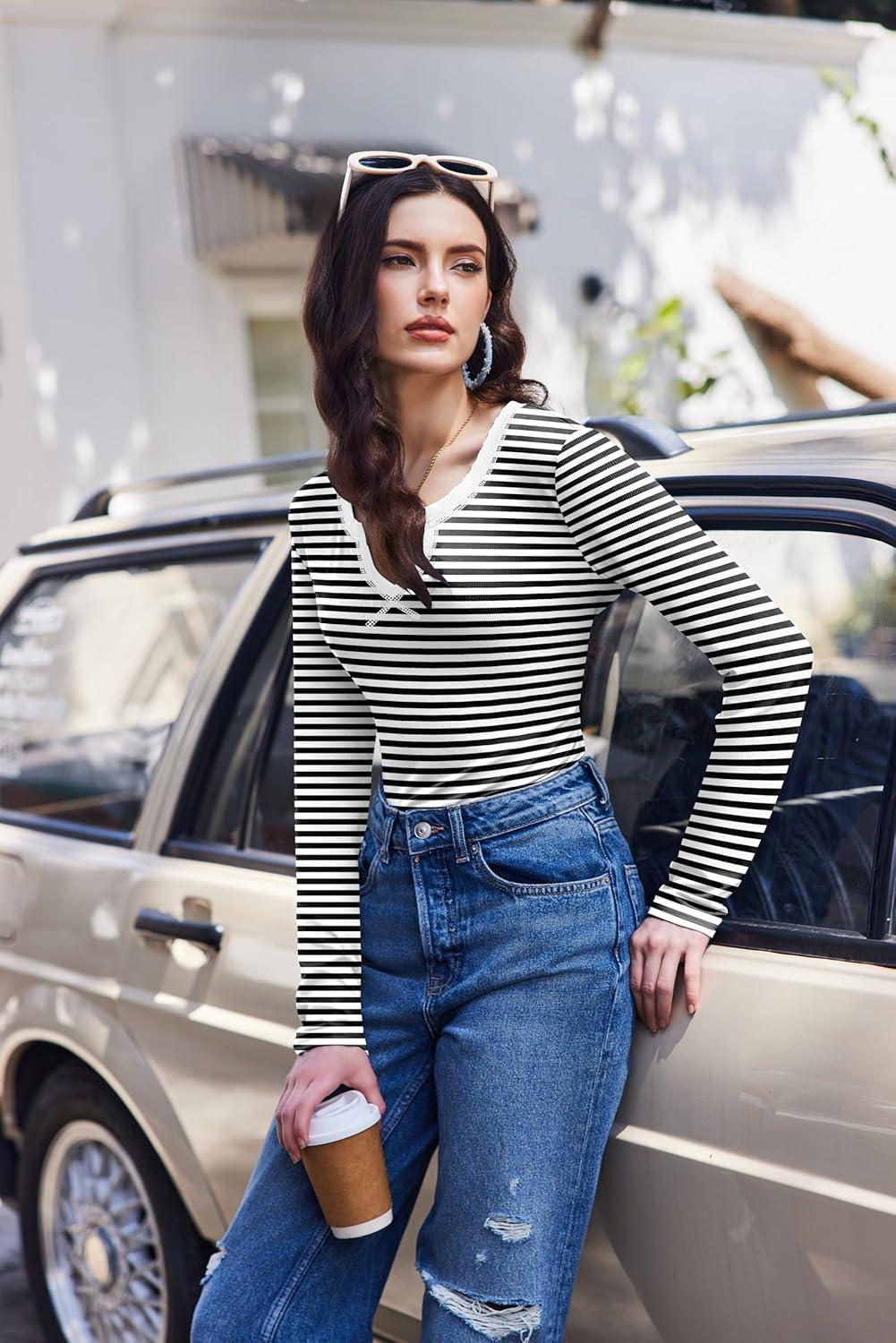 imageEkouaer Womens Thermal Long Sleeve Shirts VNeck Slim Fit Basic Going Out Ribbed Y2K TopsBlack White Stripe