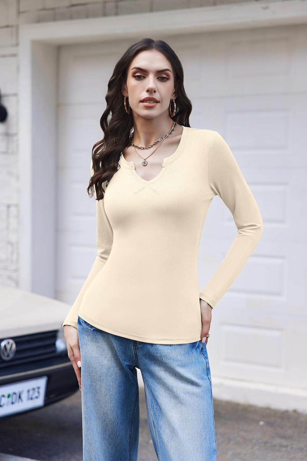imageEkouaer Womens Thermal Long Sleeve Shirts VNeck Slim Fit Basic Going Out Ribbed Y2K TopsBrick Red