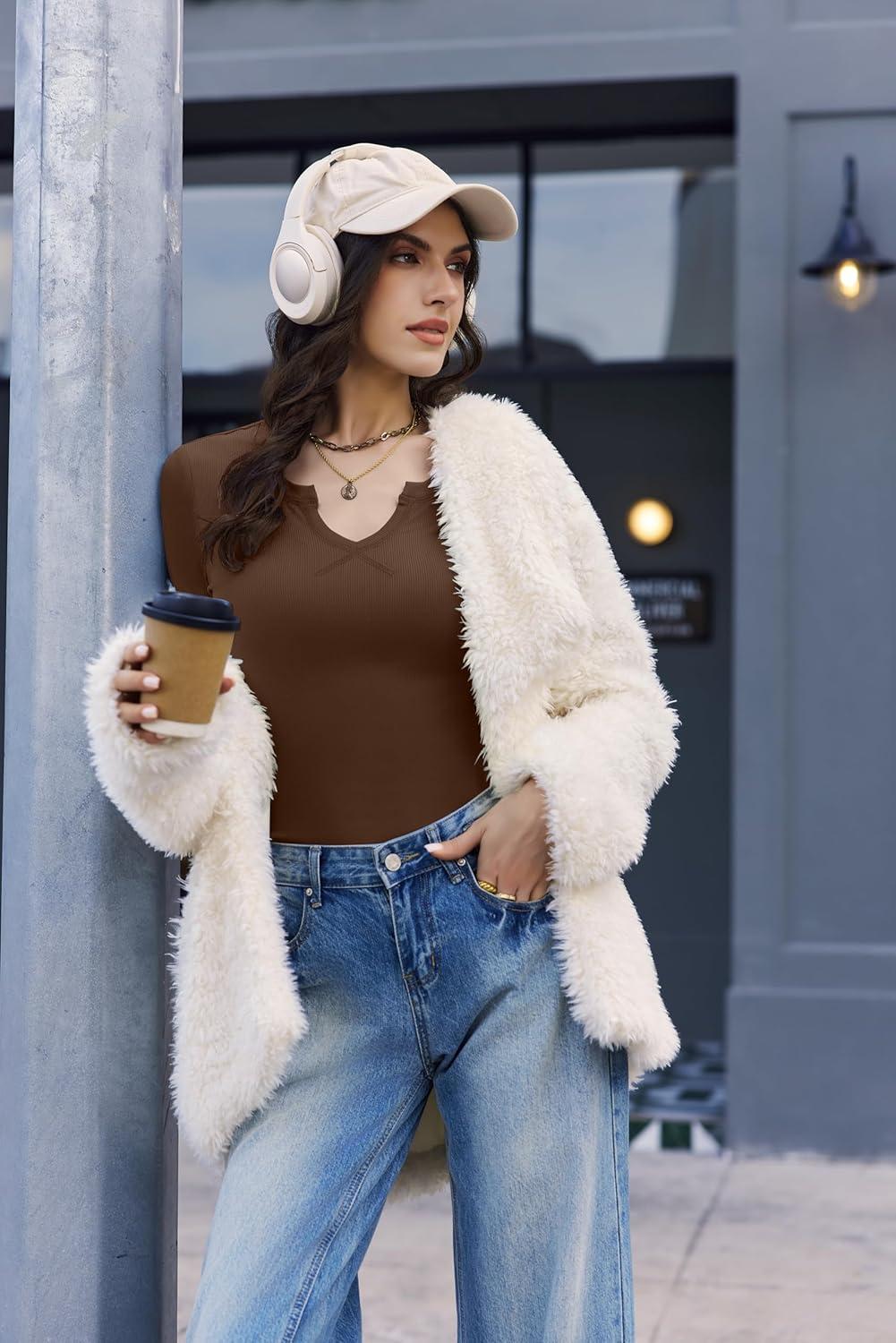 imageEkouaer Womens Thermal Long Sleeve Shirts VNeck Slim Fit Basic Going Out Ribbed Y2K TopsBrown