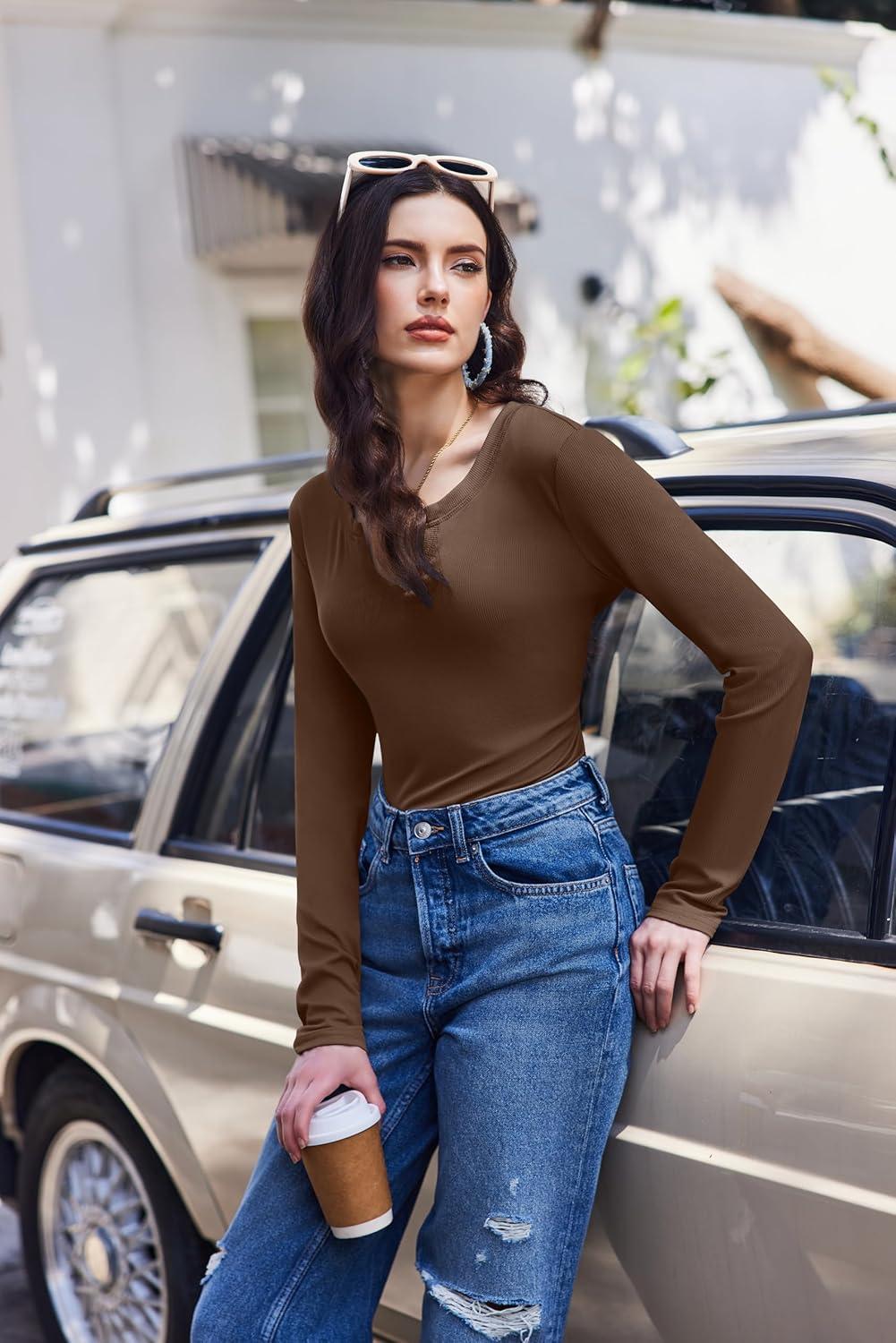 imageEkouaer Womens Thermal Long Sleeve Shirts VNeck Slim Fit Basic Going Out Ribbed Y2K TopsBrown