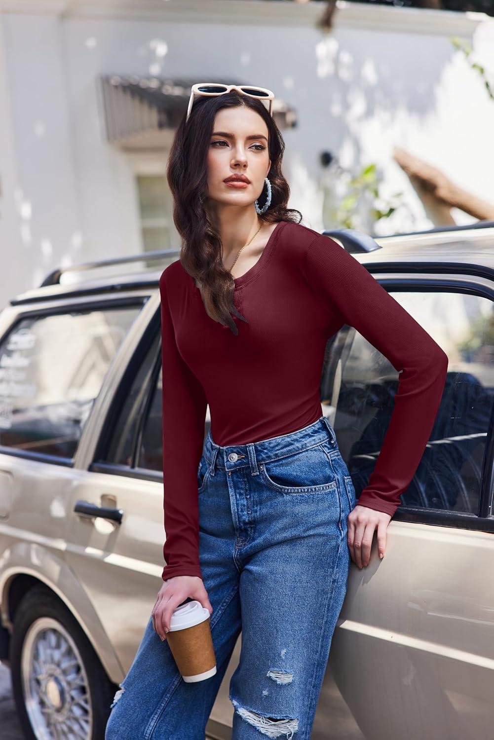 imageEkouaer Womens Thermal Long Sleeve Shirts VNeck Slim Fit Basic Going Out Ribbed Y2K TopsBurgundy