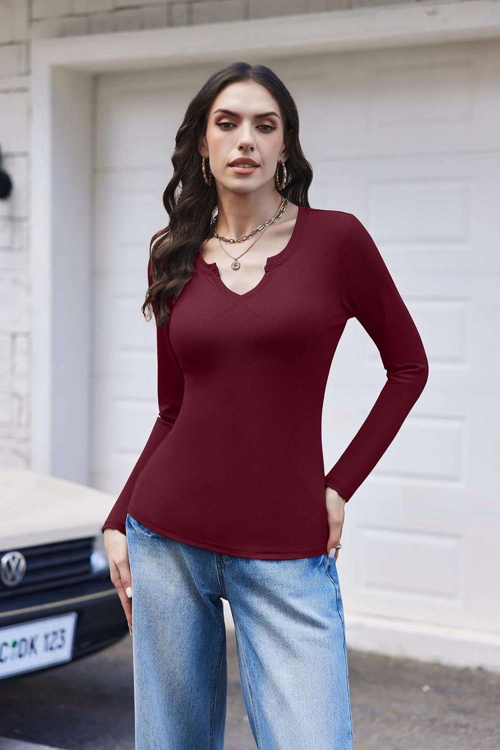 imageEkouaer Womens Thermal Long Sleeve Shirts VNeck Slim Fit Basic Going Out Ribbed Y2K TopsBurgundy