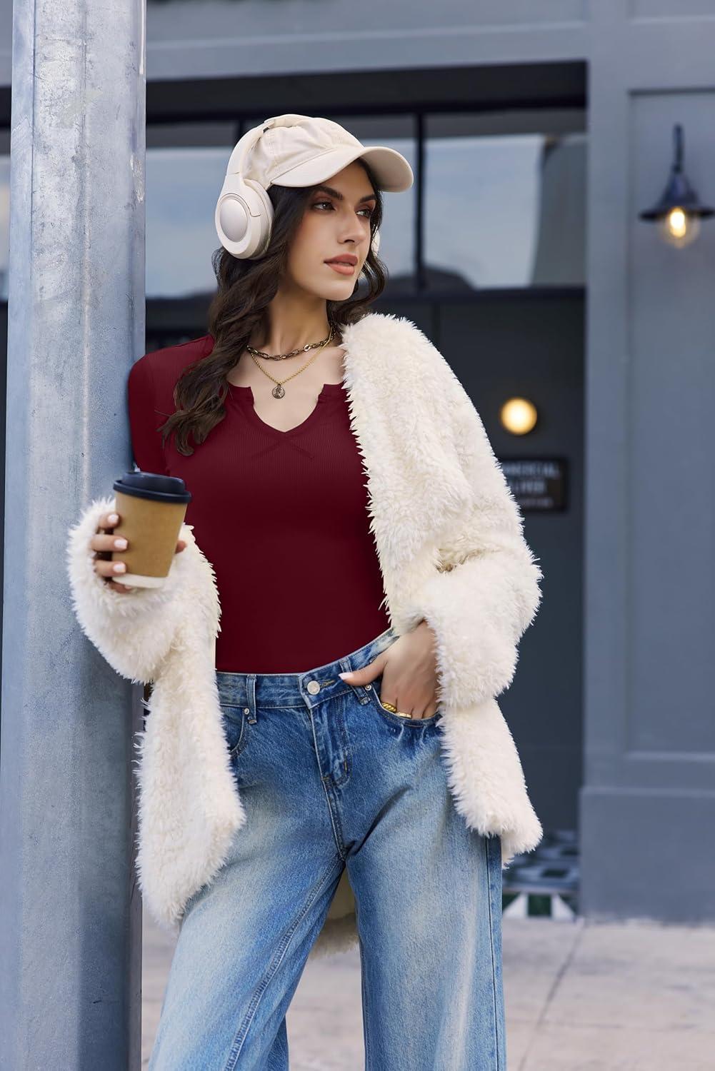 imageEkouaer Womens Thermal Long Sleeve Shirts VNeck Slim Fit Basic Going Out Ribbed Y2K TopsBurgundy