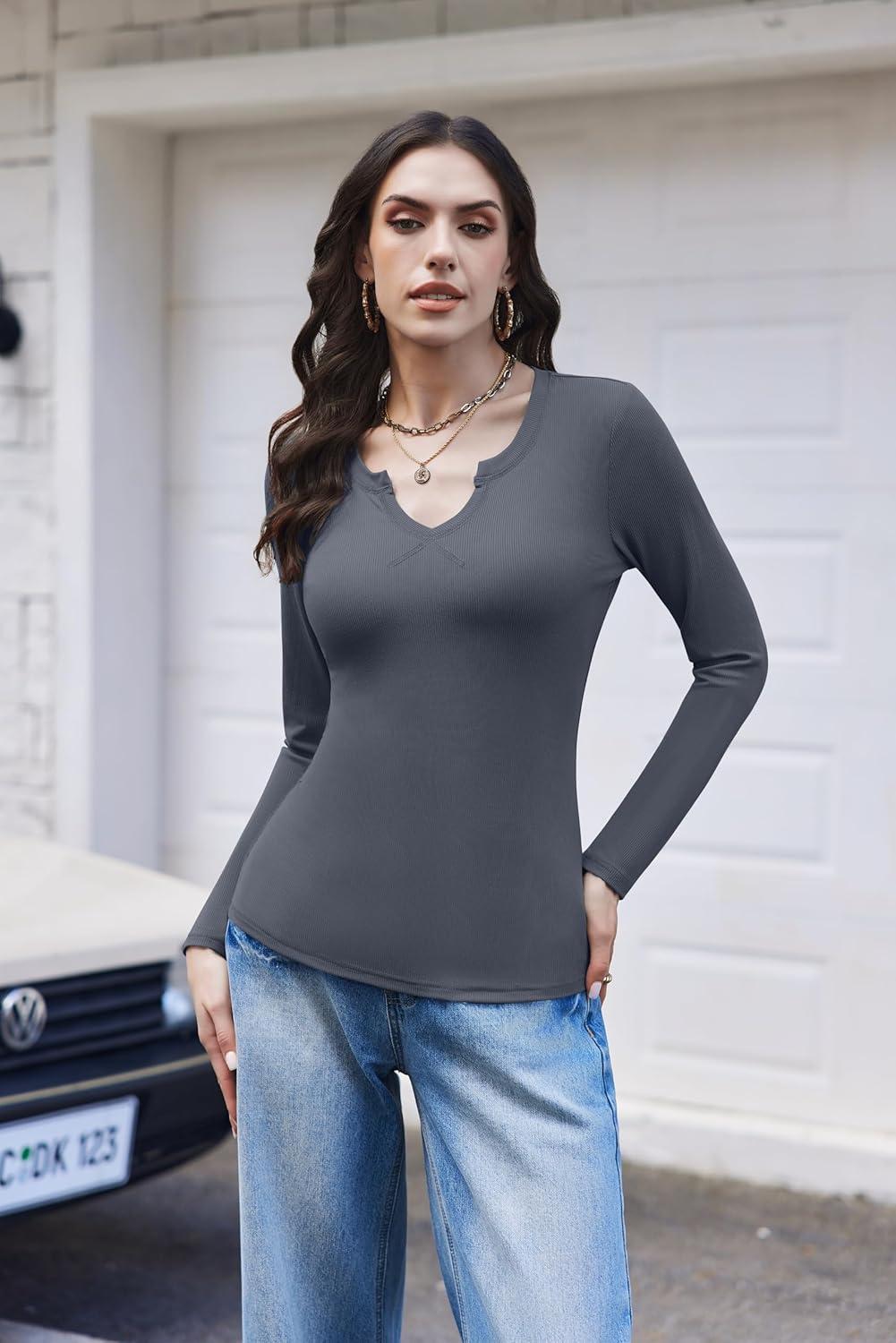 imageEkouaer Womens Thermal Long Sleeve Shirts VNeck Slim Fit Basic Going Out Ribbed Y2K TopsDark Grey