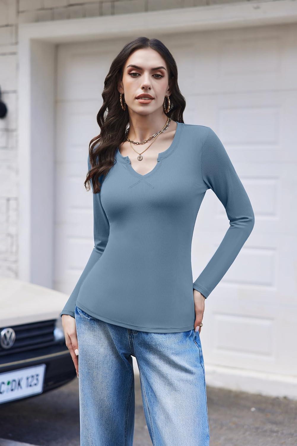 imageEkouaer Womens Thermal Long Sleeve Shirts VNeck Slim Fit Basic Going Out Ribbed Y2K TopsHaze Blue