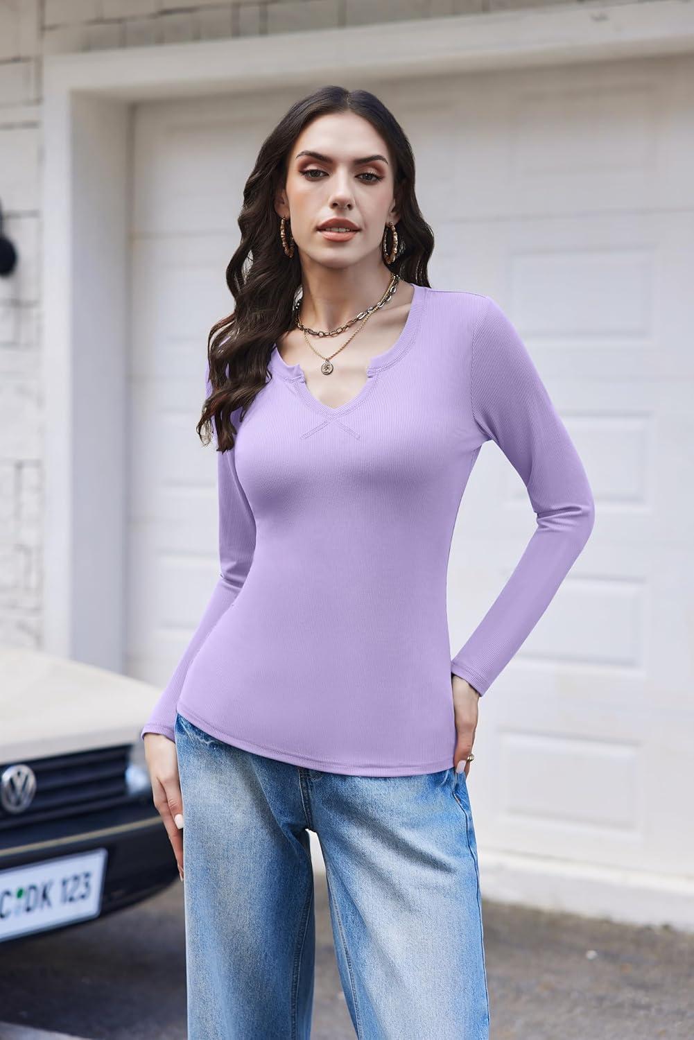 imageEkouaer Womens Thermal Long Sleeve Shirts VNeck Slim Fit Basic Going Out Ribbed Y2K TopsLight Purple