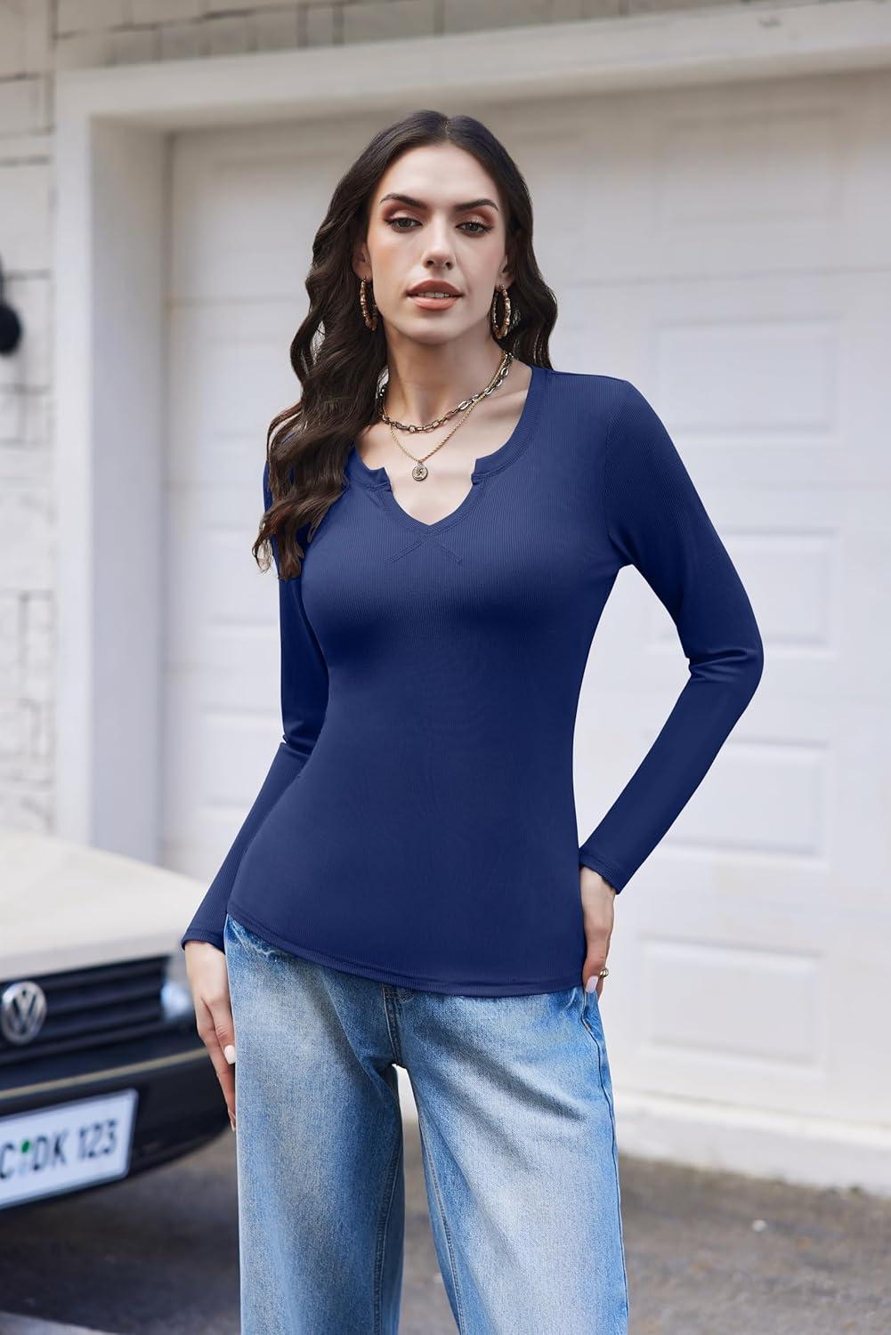imageEkouaer Womens Thermal Long Sleeve Shirts VNeck Slim Fit Basic Going Out Ribbed Y2K TopsNavy