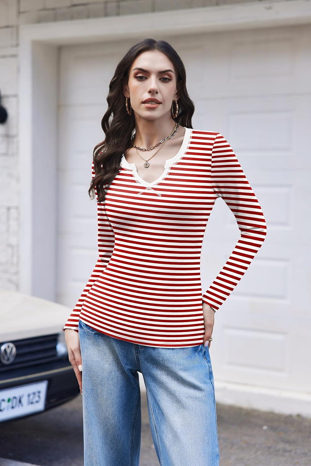 imageEkouaer Womens Thermal Long Sleeve Shirts VNeck Slim Fit Basic Going Out Ribbed Y2K TopsRed White Stripe