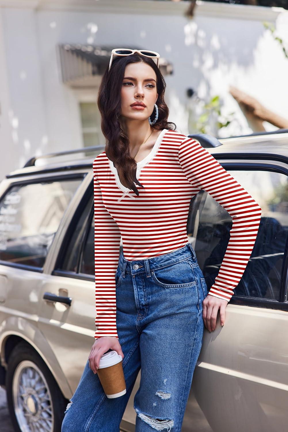 imageEkouaer Womens Thermal Long Sleeve Shirts VNeck Slim Fit Basic Going Out Ribbed Y2K TopsRed White Stripe