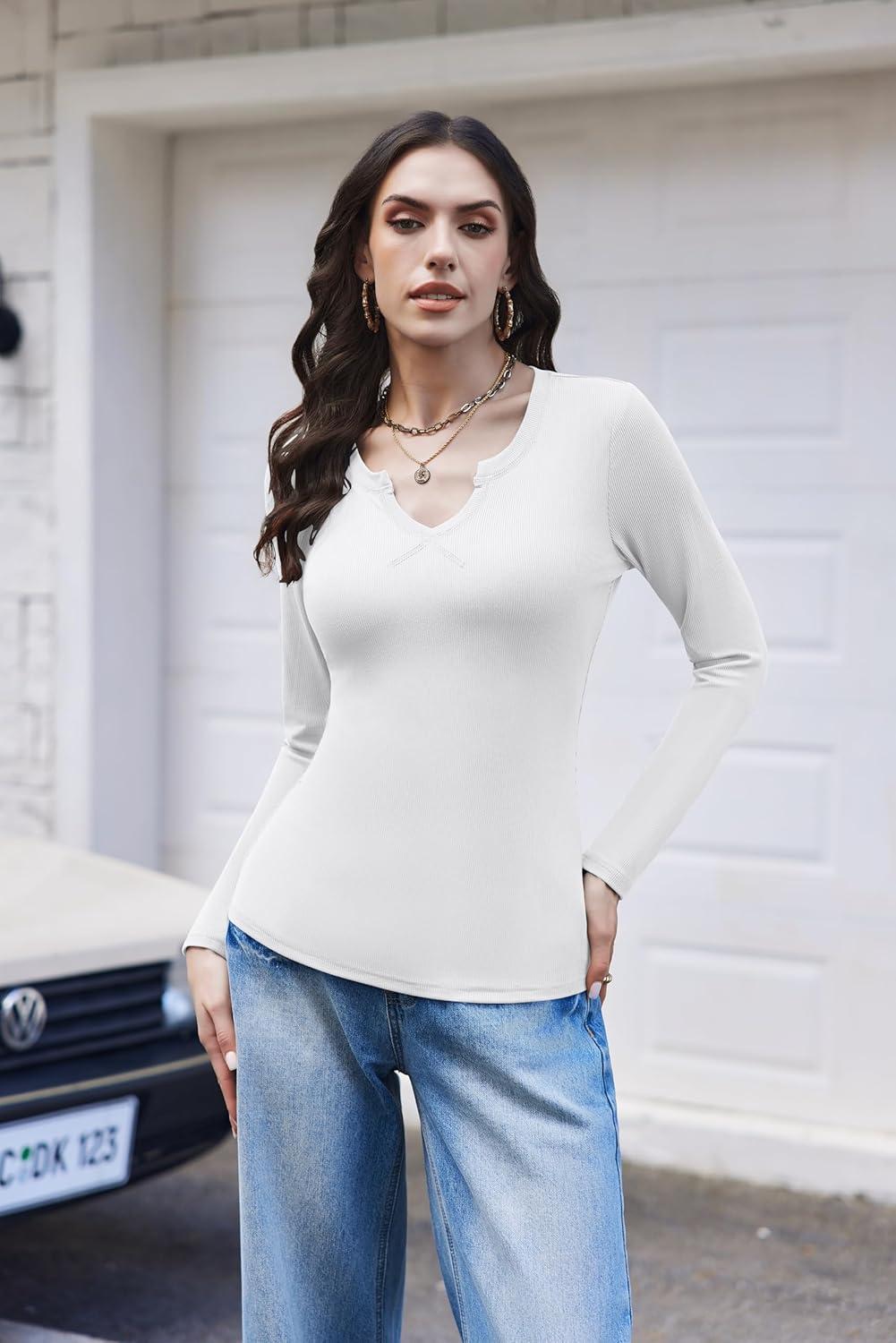 imageEkouaer Womens Thermal Long Sleeve Shirts VNeck Slim Fit Basic Going Out Ribbed Y2K TopsWhite