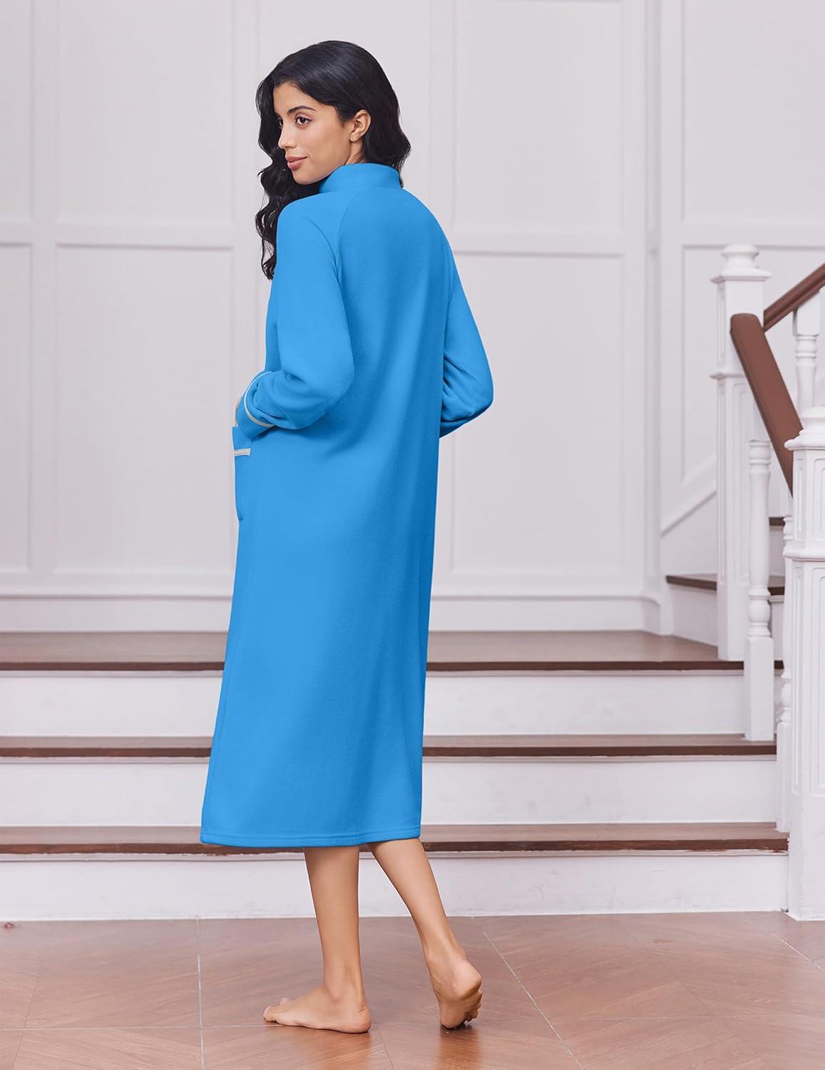 imageEkouaer Womens Zipper Robes Long Sleeve Loungewear Knee Length Housecoat Fleece Bathrobe with Pockets SXXLBlue