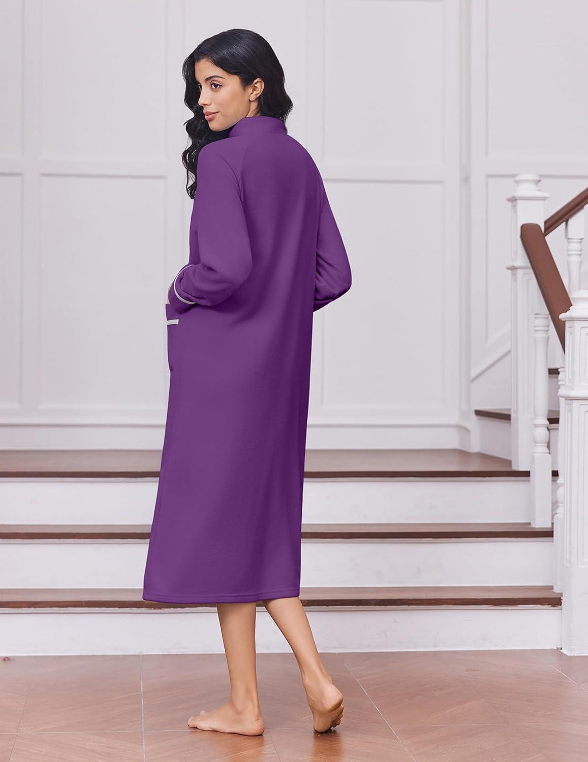 imageEkouaer Womens Zipper Robes Long Sleeve Loungewear Knee Length Housecoat Fleece Bathrobe with Pockets SXXLBright Purple