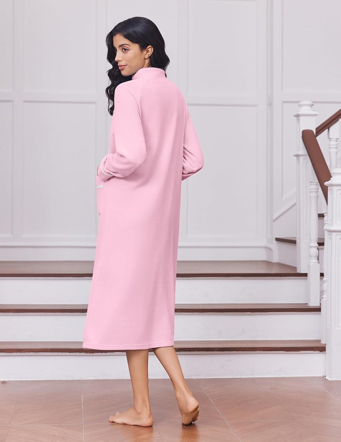 imageEkouaer Womens Zipper Robes Long Sleeve Loungewear Knee Length Housecoat Fleece Bathrobe with Pockets SXXLDark Pink