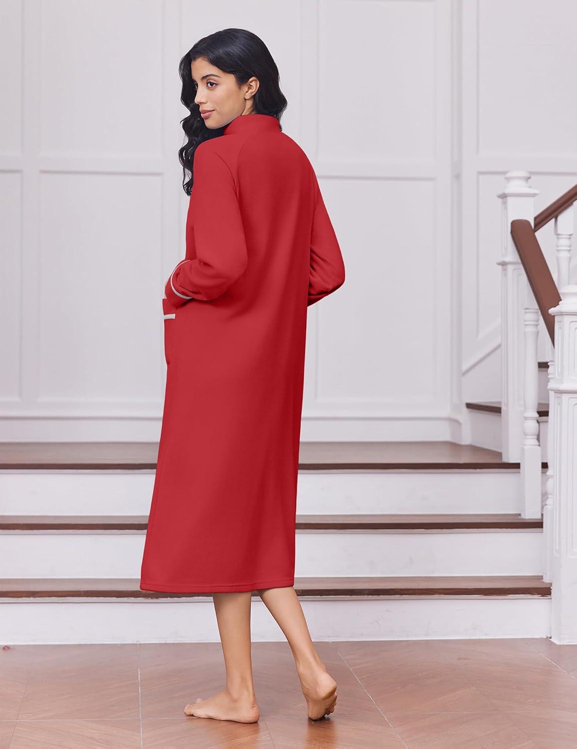 imageEkouaer Womens Zipper Robes Long Sleeve Loungewear Knee Length Housecoat Fleece Bathrobe with Pockets SXXLDark Red