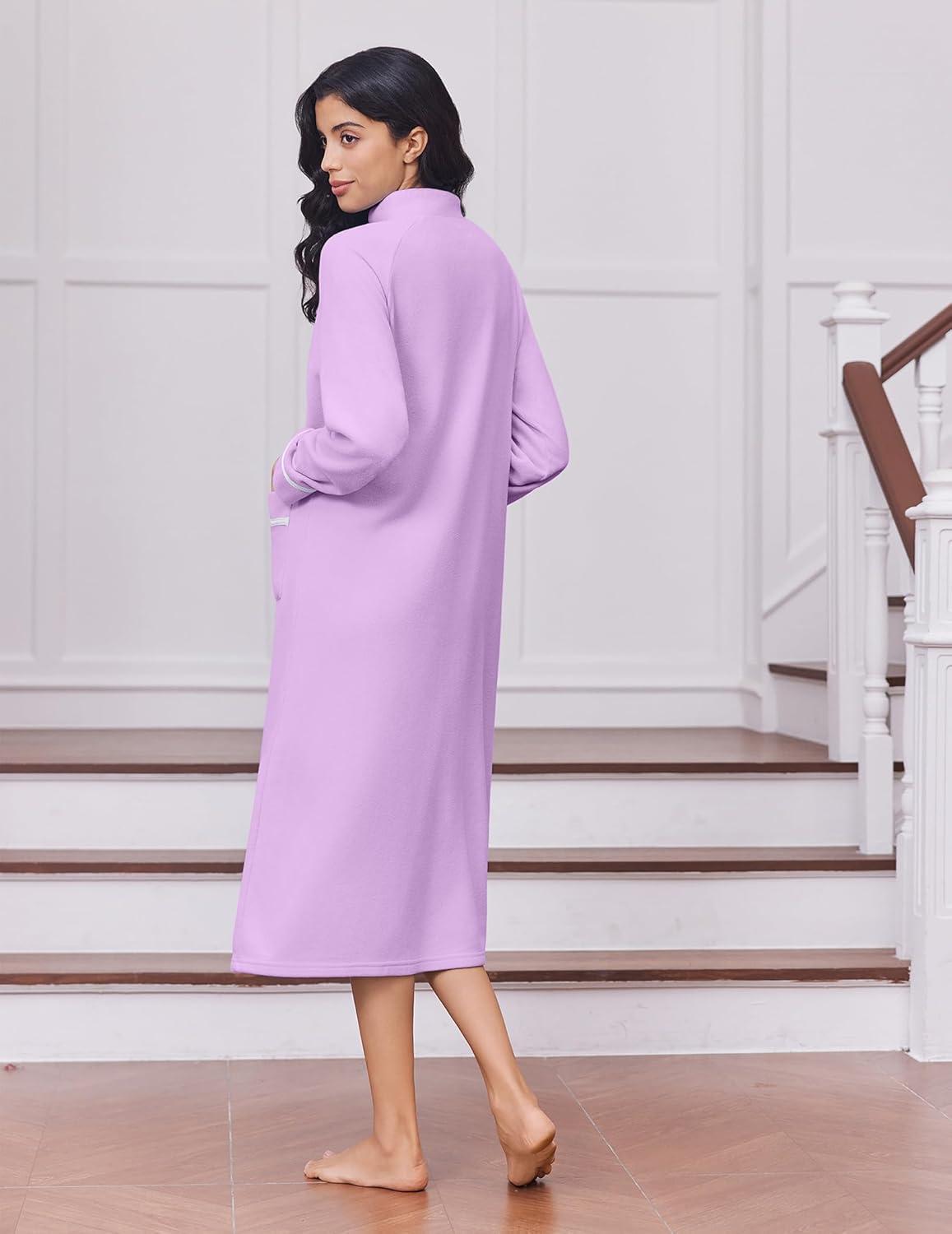 imageEkouaer Womens Zipper Robes Long Sleeve Loungewear Knee Length Housecoat Fleece Bathrobe with Pockets SXXLLavender