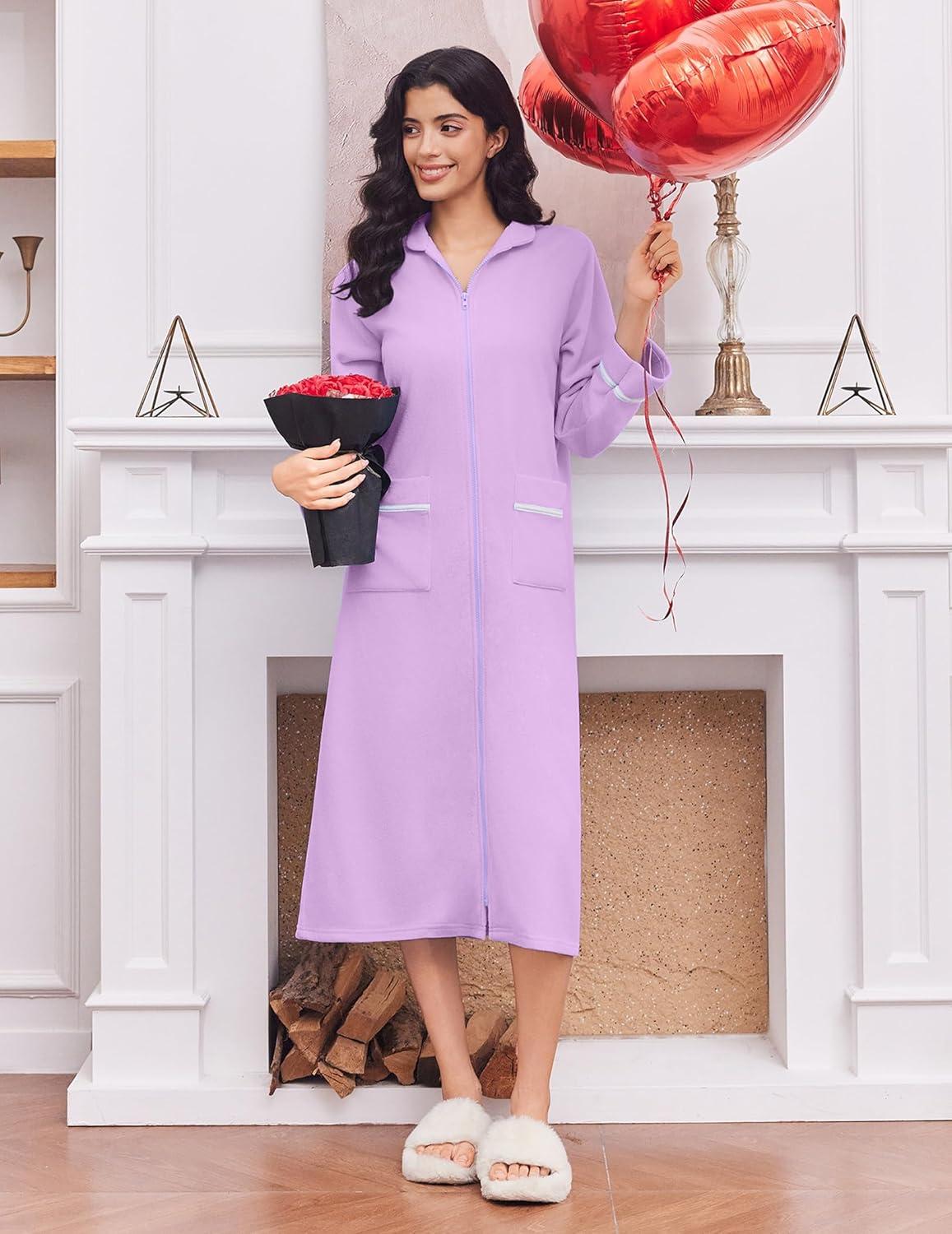 imageEkouaer Womens Zipper Robes Long Sleeve Loungewear Knee Length Housecoat Fleece Bathrobe with Pockets SXXLLavender