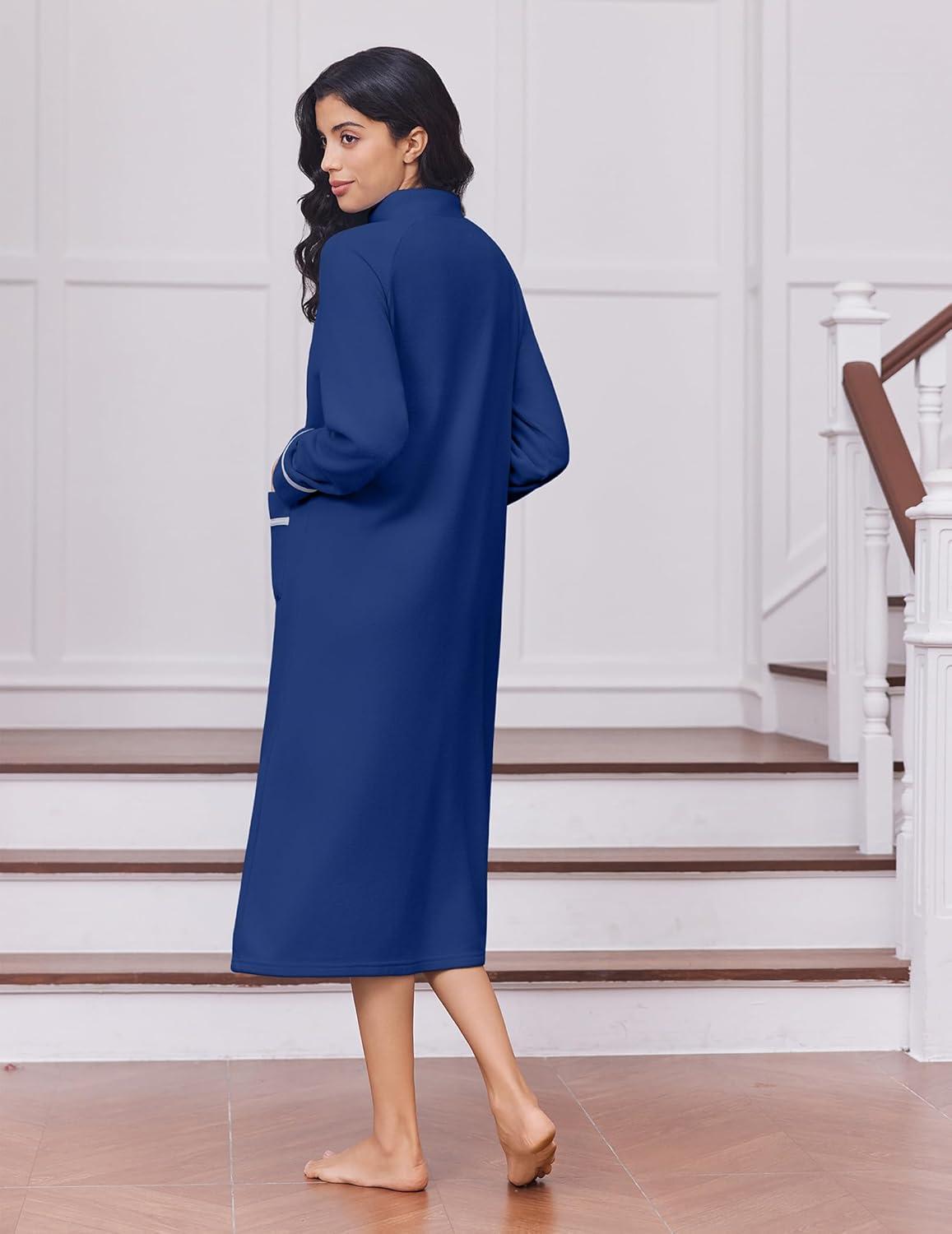 imageEkouaer Womens Zipper Robes Long Sleeve Loungewear Knee Length Housecoat Fleece Bathrobe with Pockets SXXLNavy