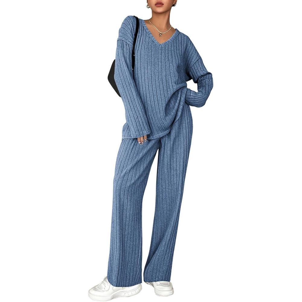 imageEkouaer Lounge Sets for Women Long Sleeve Knit Ribbed Pajama Sets 2 Piece Casual Loungewear with PocketsCaptains Blue