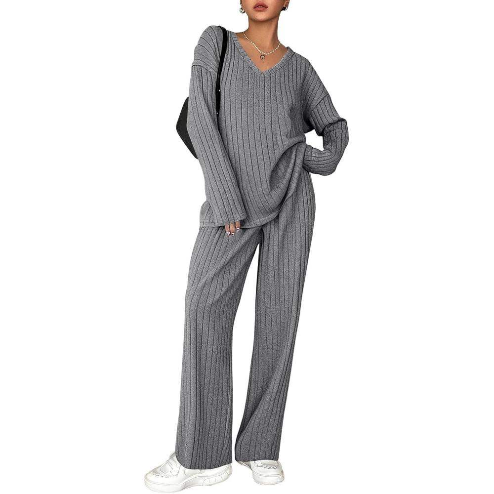 imageEkouaer Lounge Sets for Women Long Sleeve Knit Ribbed Pajama Sets 2 Piece Casual Loungewear with PocketsDark Gray
