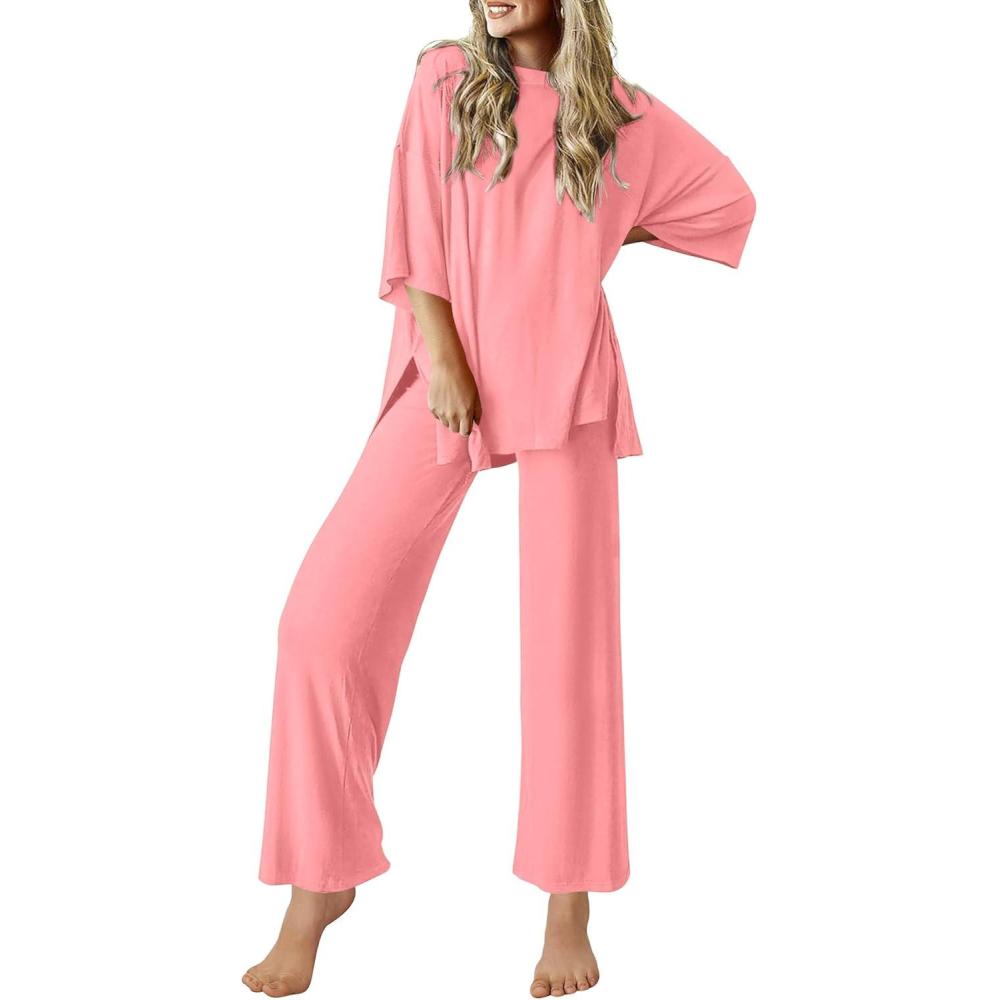 imageEkouaer Lounge Sets for Women Short Sleeve Tops and Long Pants Soft Comfy Pajamas Set 2 Piece Outfits SXXLDeep Pink