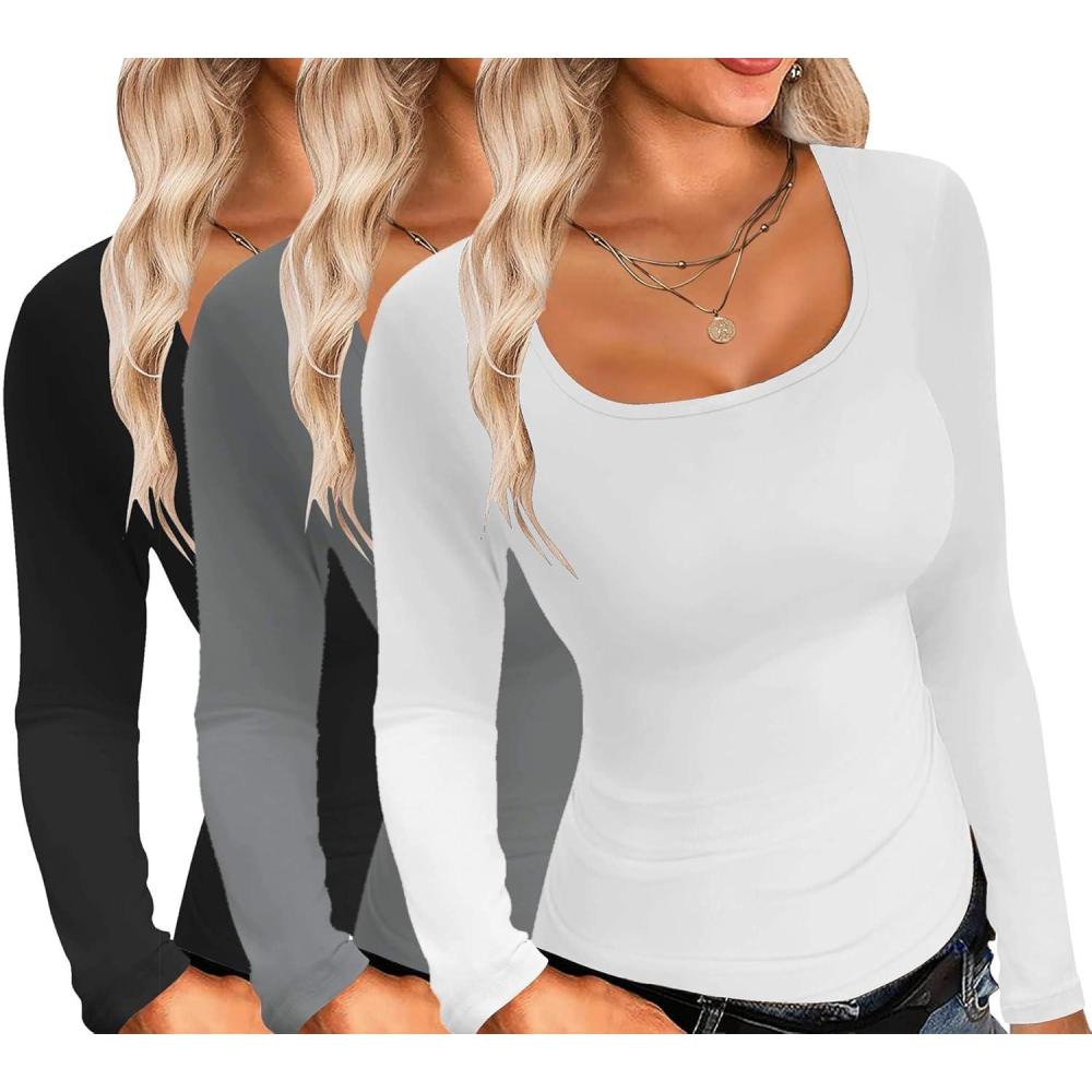 imageEkouaer Womens 3 Pack Long Sleeve Shirts Square Neck Basic Tops Fitted Tee Thermal Undershirts XSXXLBlackGrayWhite