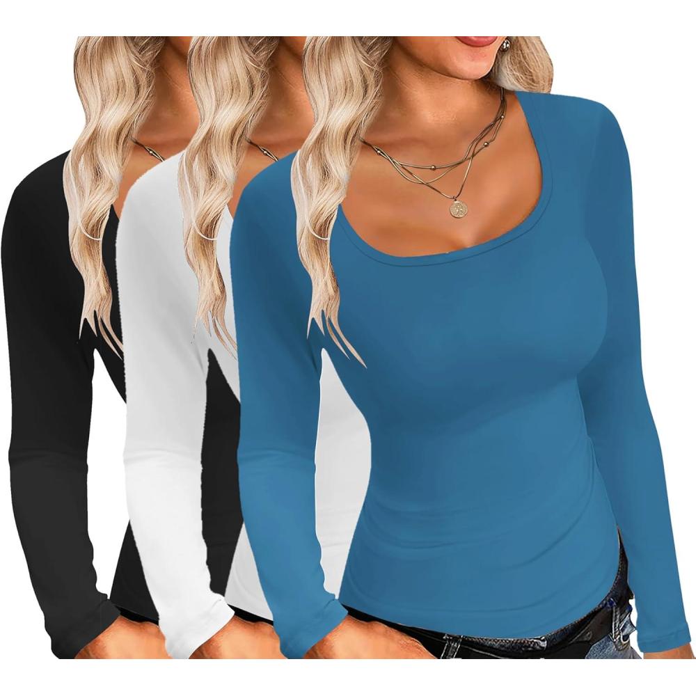 imageEkouaer Womens 3 Pack Long Sleeve Shirts Square Neck Basic Tops Fitted Tee Thermal Undershirts XSXXLBlackWhiteBlue Teal