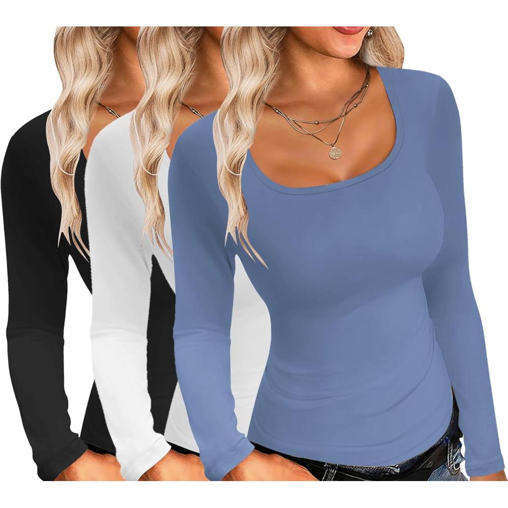imageEkouaer Womens 3 Pack Long Sleeve Shirts Square Neck Basic Tops Fitted Tee Thermal Undershirts XSXXLBlackWhiteHaze Blue