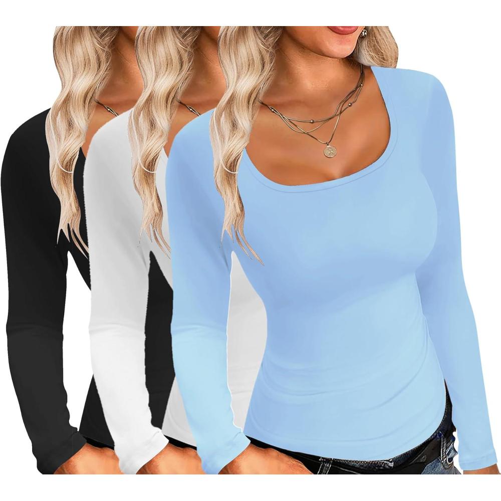 imageEkouaer Womens 3 Pack Long Sleeve Shirts Square Neck Basic Tops Fitted Tee Thermal Undershirts XSXXLBlackWhiteLight Blue
