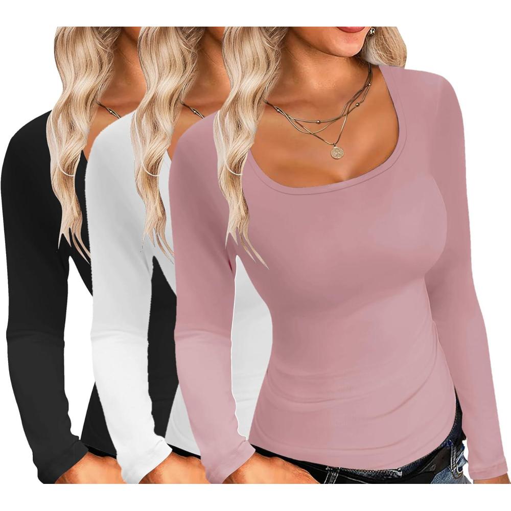 imageEkouaer Womens 3 Pack Long Sleeve Shirts Square Neck Basic Tops Fitted Tee Thermal Undershirts XSXXLBlackWhitePink