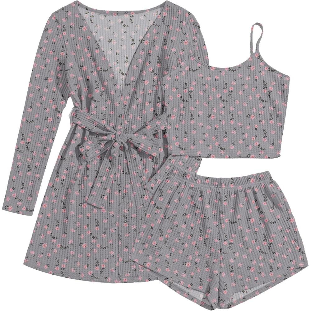imageEkouaer Womens 3 Piece Waffle Knit Lounge Set Soft Pajama Sets Tank Top and Shorts Cardigan with Pockets SXXLPink Flower