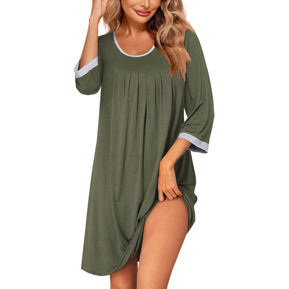 imageEkouaer Womens Pleated Nightgown Soft Sleep Shirt 34 Sleeve Pajama Dress Scoopneck Sleep Tee Nightshirt Sleepwear S3XLArmy Green