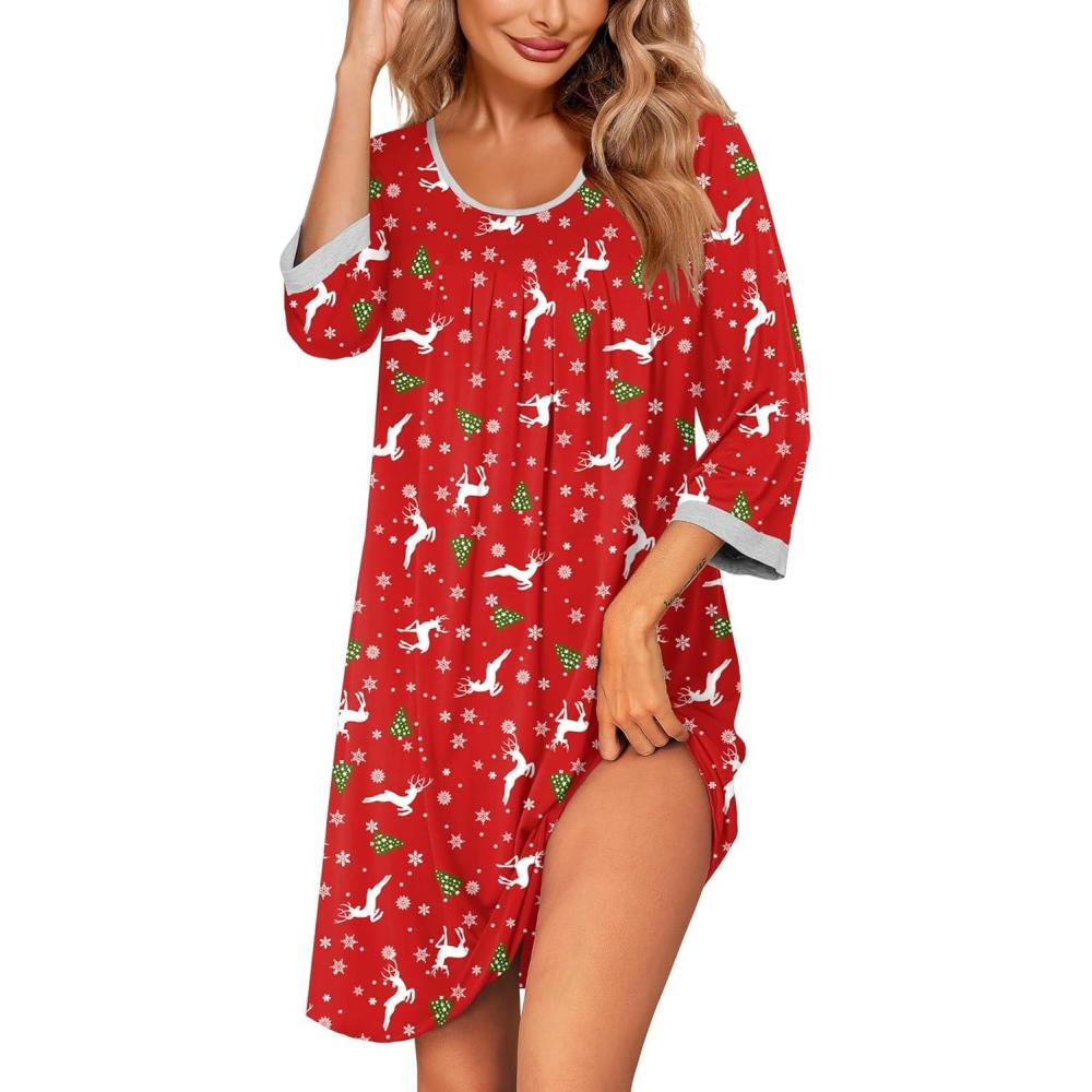 imageEkouaer Womens Pleated Nightgown Soft Sleep Shirt 34 Sleeve Pajama Dress Scoopneck Sleep Tee Nightshirt Sleepwear S3XLChristmas Elk