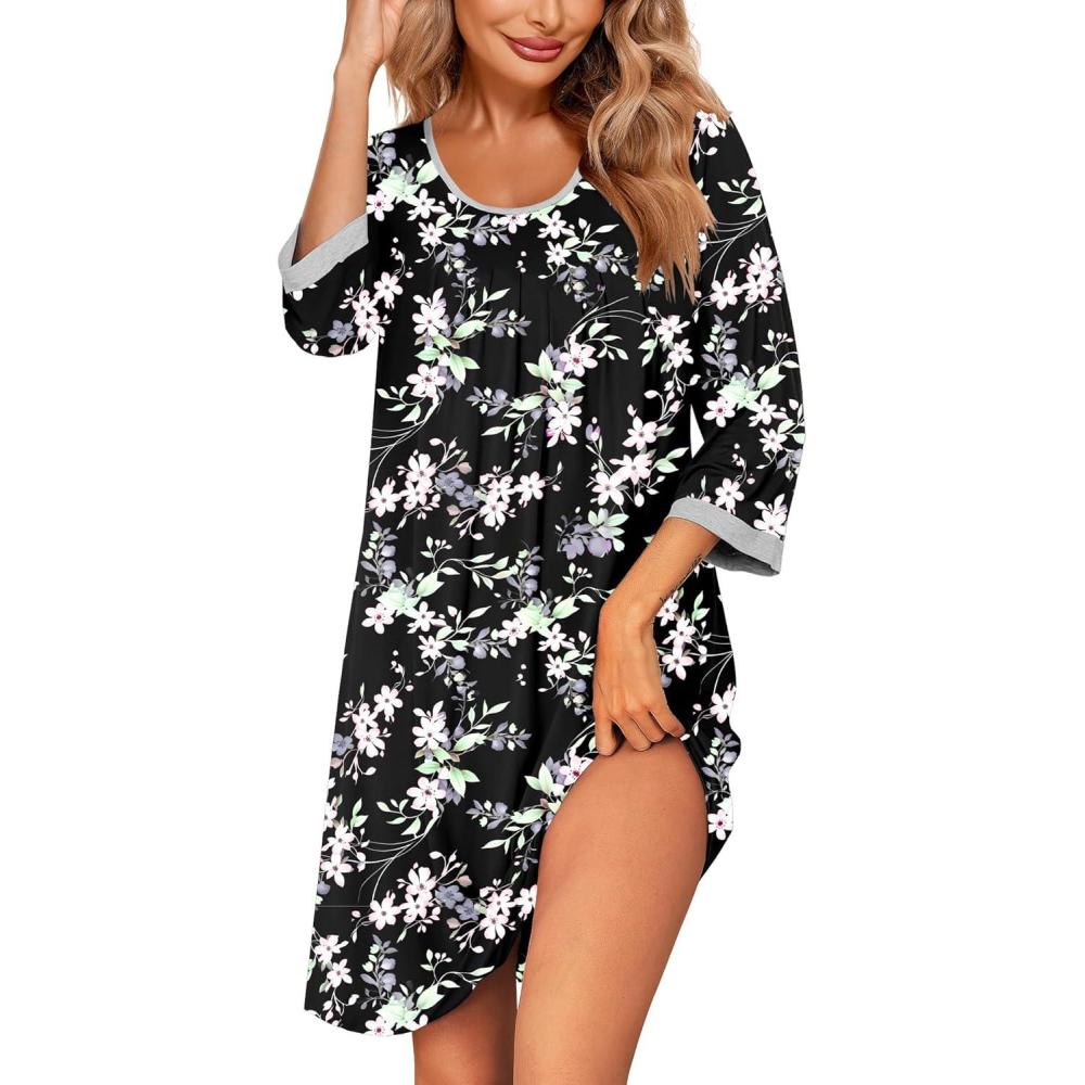 imageEkouaer Womens Pleated Nightgown Soft Sleep Shirt 34 Sleeve Pajama Dress Scoopneck Sleep Tee Nightshirt Sleepwear S3XLFloral Black Pink
