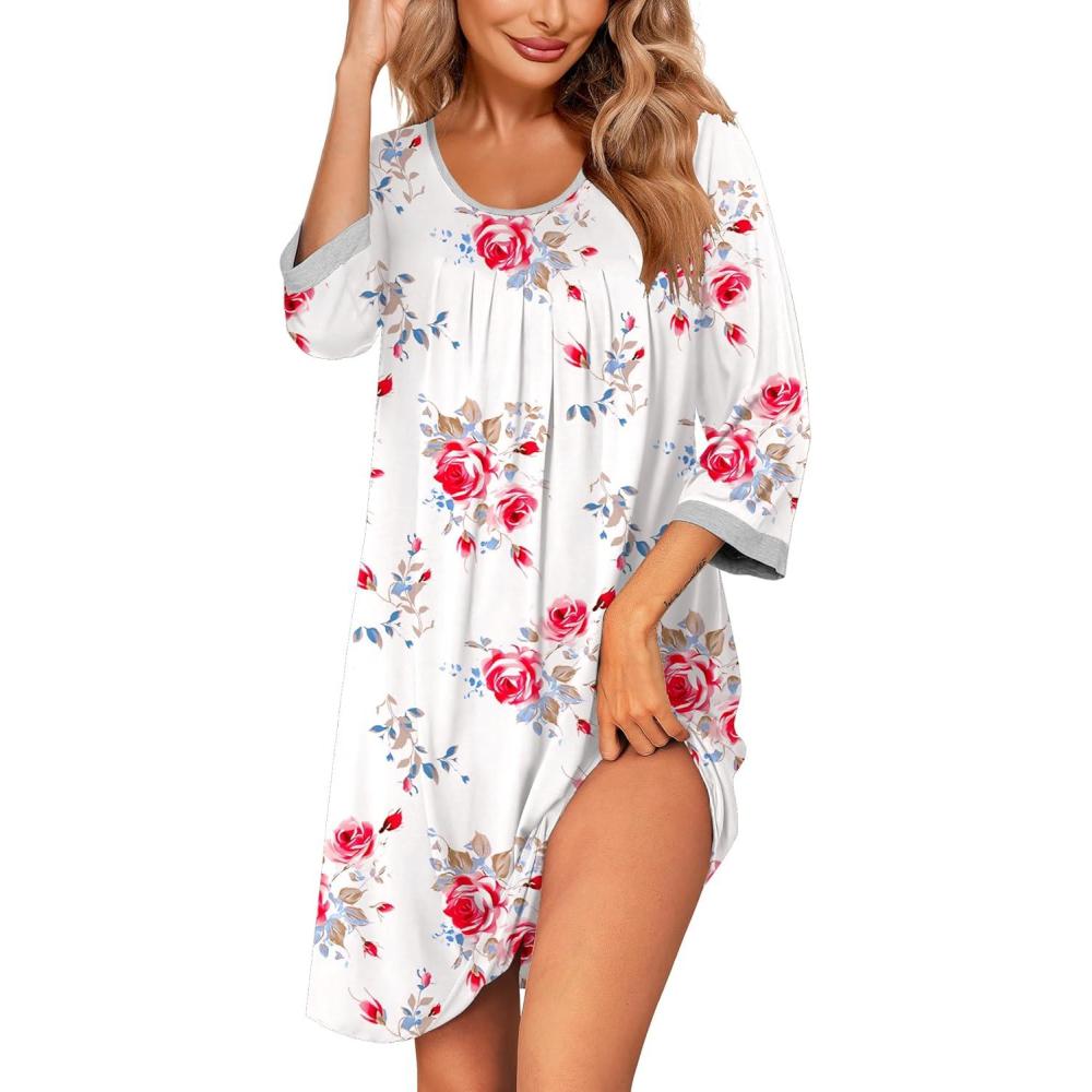 imageEkouaer Womens Pleated Nightgown Soft Sleep Shirt 34 Sleeve Pajama Dress Scoopneck Sleep Tee Nightshirt Sleepwear S3XLFloral Rose White
