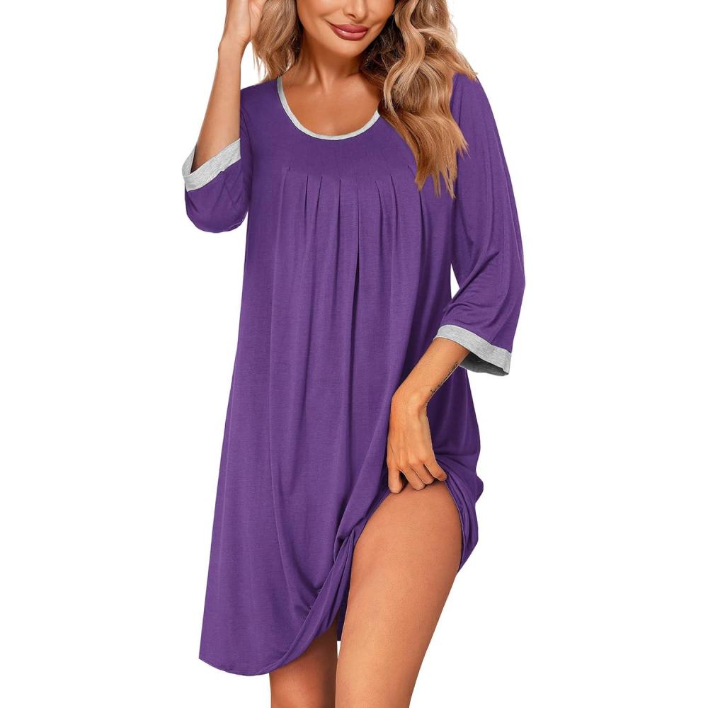 imageEkouaer Womens Pleated Nightgown Soft Sleep Shirt 34 Sleeve Pajama Dress Scoopneck Sleep Tee Nightshirt Sleepwear S3XLPurple