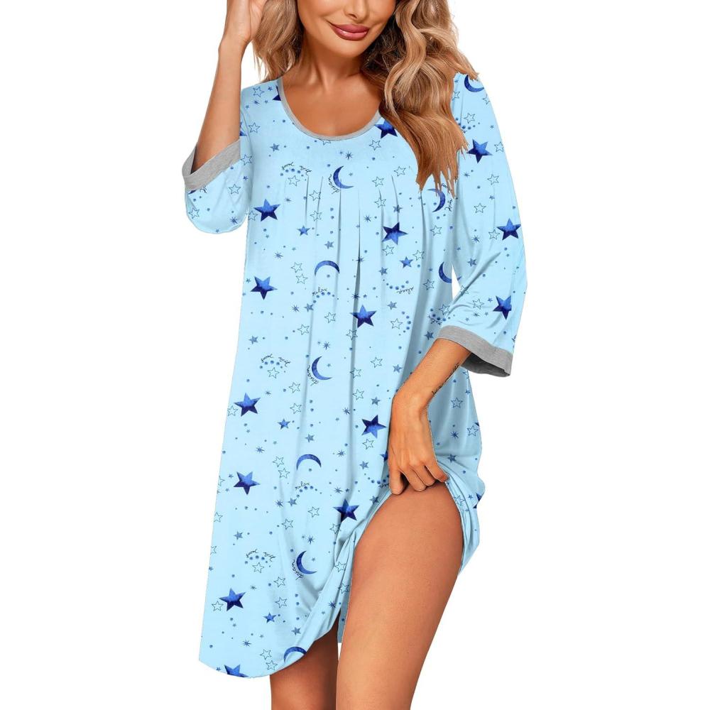imageEkouaer Womens Pleated Nightgown Soft Sleep Shirt 34 Sleeve Pajama Dress Scoopneck Sleep Tee Nightshirt Sleepwear S3XLStar Moon Blue