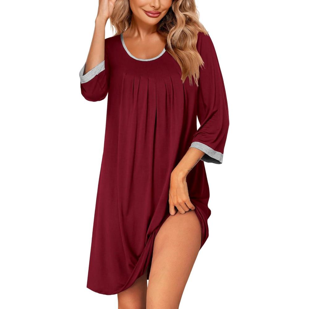 imageEkouaer Womens Pleated Nightgown Soft Sleep Shirt 34 Sleeve Pajama Dress Scoopneck Sleep Tee Nightshirt Sleepwear S3XLWine Red