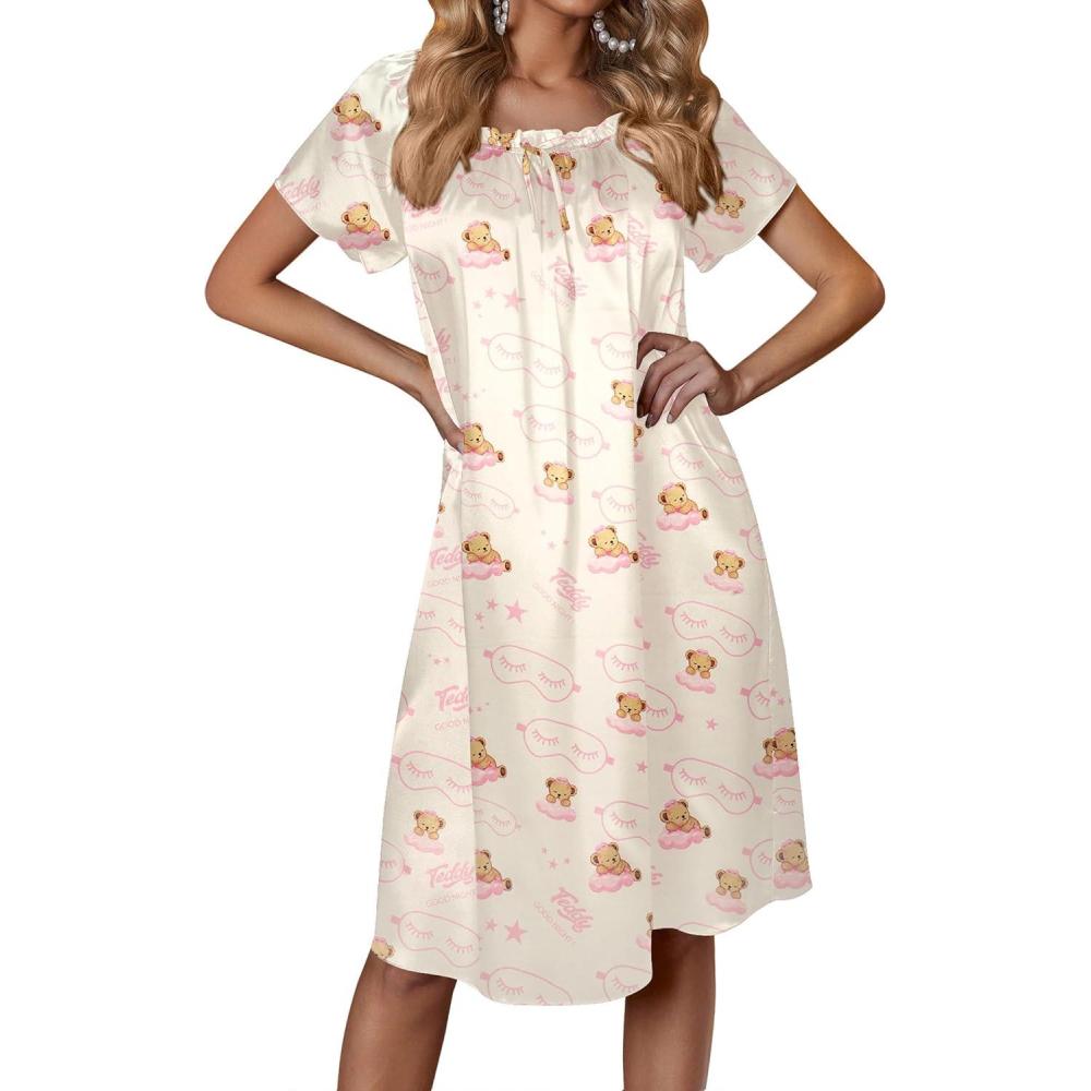 imageEkouaer Womens Satin Silk Pleated Nightgown Loose Sleepwear Printed Nightshirt Short Sleeve Sleep DressChampagne Teddy