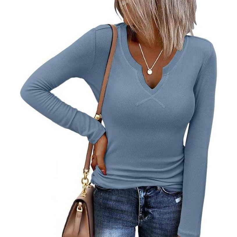 imageEkouaer Womens Thermal Long Sleeve Shirts VNeck Slim Fit Basic Going Out Ribbed Y2K TopsHaze Blue