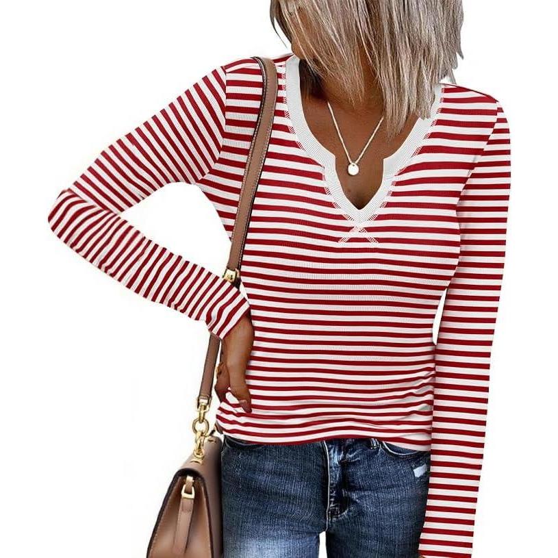 imageEkouaer Womens Thermal Long Sleeve Shirts VNeck Slim Fit Basic Going Out Ribbed Y2K TopsRed White Stripe